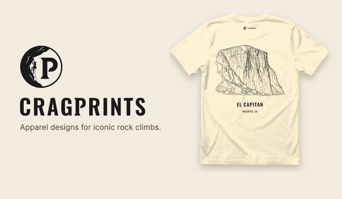 CragPrints logo and wordmark beside a tee printed with El Capitan